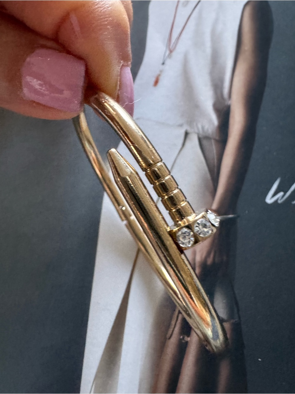Fashion Gold Nail-Design Crystal Accent Bangle Bracelet - Women Jewelry - Picture 4 of 5